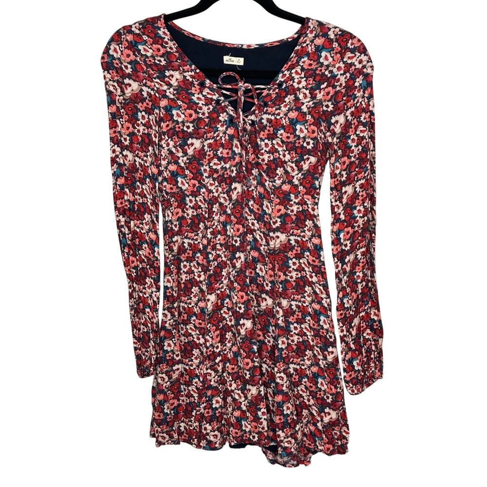 Hollister Blue Red Floral Fit & Flare Mini Dress Long Sleeve V-Neck Casual XS